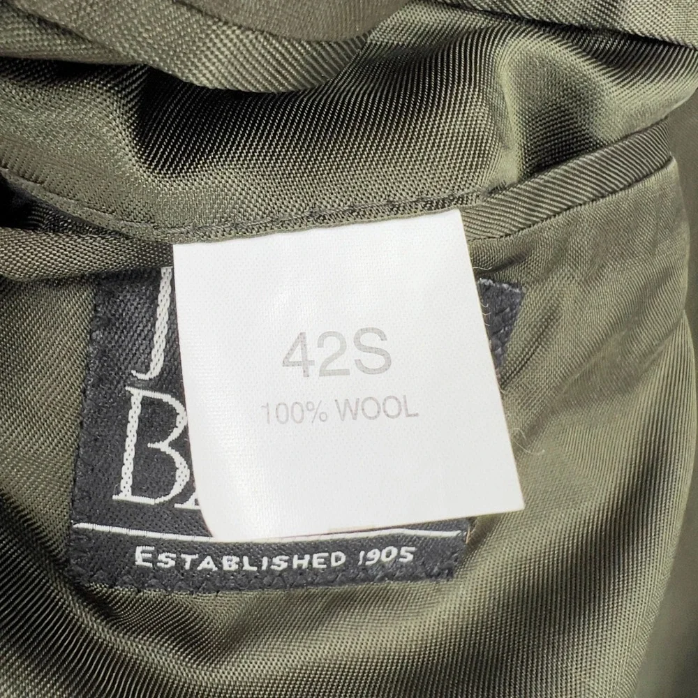 Jos. A. Bank Mens 42S Blazer Olive Green Herringbone 100% Wool Sport Coat